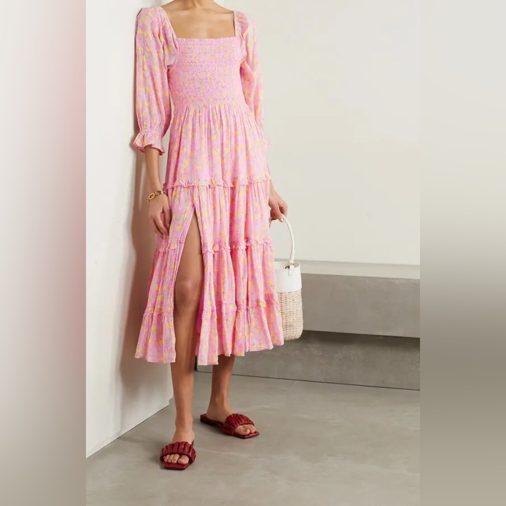 Sweet Demure LoveShackFancy Soft Pink Floral Smocked Midi Dress